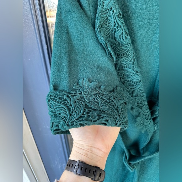 Small 100% wool forest green crochet 1/2 sleeve coat Eyelit belted long trench - Picture 5 of 7